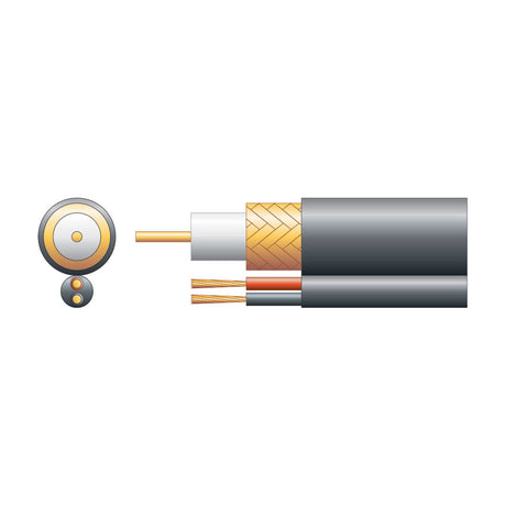 Cutaway diagram of Mercury RG59B/U shotgun cable showing copper conductor, foam PE dielectric, CCA braid, twin power cores and black PVC jacket.