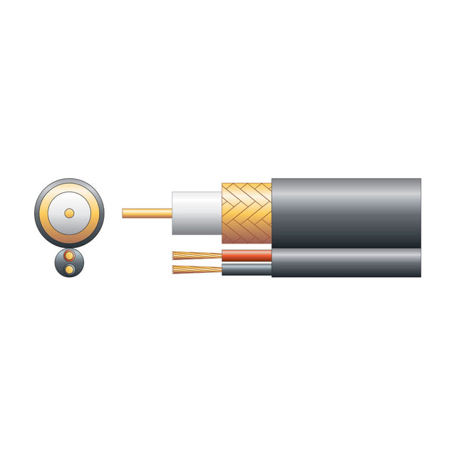 Cutaway diagram of Mercury RG59B/U shotgun cable showing copper conductor, foam PE dielectric, CCA braid, twin power cores and black PVC jacket.
