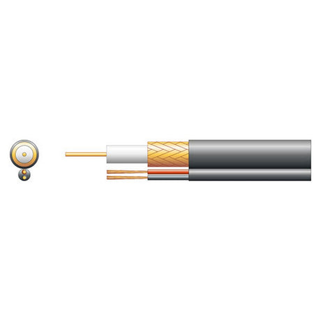 Illustration of the Mercury RG59B/U Foam PE Shotgun Cable with CCA Braid, Black (100m), showcasing its five-layer construction: a central oxygen-free copper conductor, dielectric insulation, a braided shield, an outer shield, and a black plastic sheath. Perfect for CCTV power transmission. Cross-section view on the left.