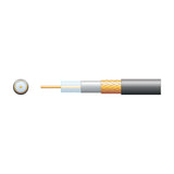 Cutaway diagram of Mercury Eco RG6 coaxial cable showing copper conductor, PE dielectric, foil screen, CCA braid and black PVC sheath with end-on view.