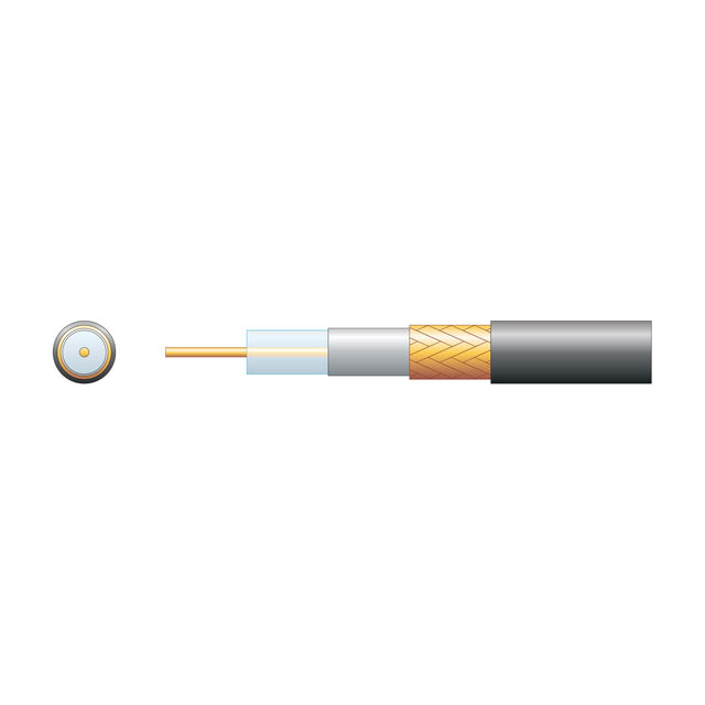 Cutaway diagram of Mercury Eco RG6 coaxial cable showing copper conductor, PE dielectric, foil screen, CCA braid and black PVC sheath with end-on view.