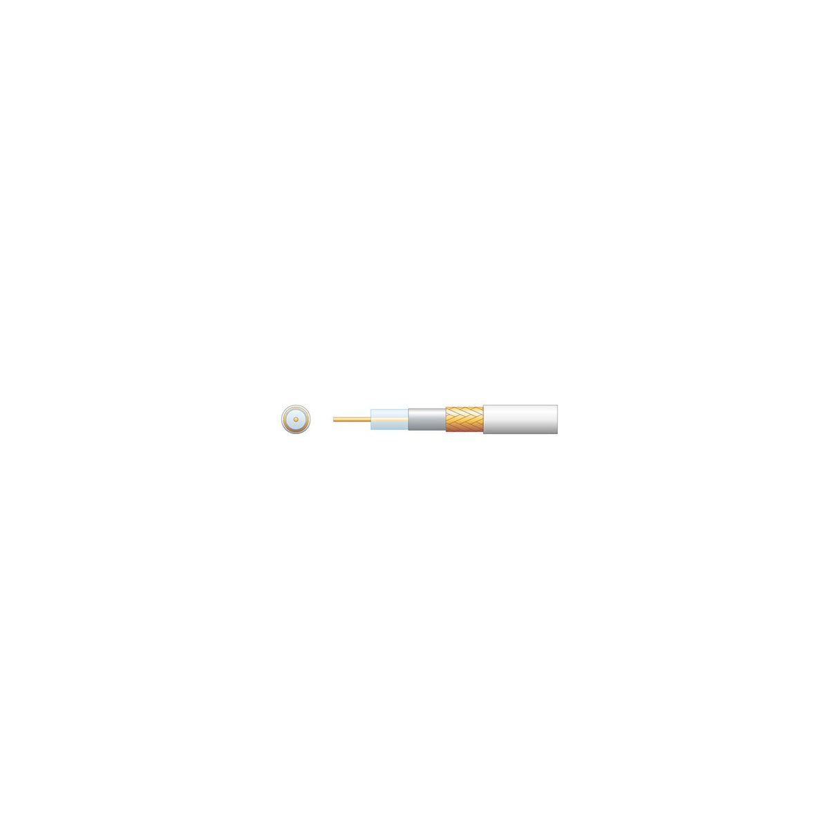 Mercury RG6 white coaxial aerial cable by AVSL shown in cross-section and side view, revealing copper conductor, foil screen, CCA braid and PVC sheath.