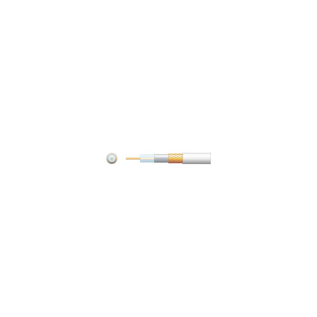Mercury RG6 white coaxial aerial cable by AVSL shown in cross-section and side view, revealing copper conductor, foil screen, CCA braid and PVC sheath.