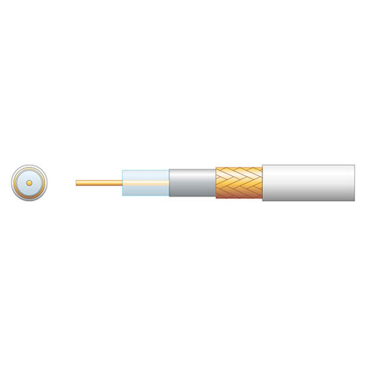 A cross-section of the Mercury Eco RG6 Air Spaced PE Coaxial Cable With CCA Braid, White (100m) shows its components from inside out: a central conductor, an insulating layer, a braided metal shield, and an outer protective jacket. Specifically designed for digital TV signal transmission at 75 Ohms, this cable is displayed horizontally.