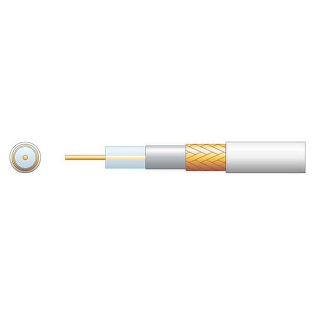 A cross-section of the Mercury Eco RG6 Air Spaced PE Coaxial Cable With CCA Braid, White (100m) shows its components from inside out: a central conductor, an insulating layer, a braided metal shield, and an outer protective jacket. Specifically designed for digital TV signal transmission at 75 Ohms, this cable is displayed horizontally.