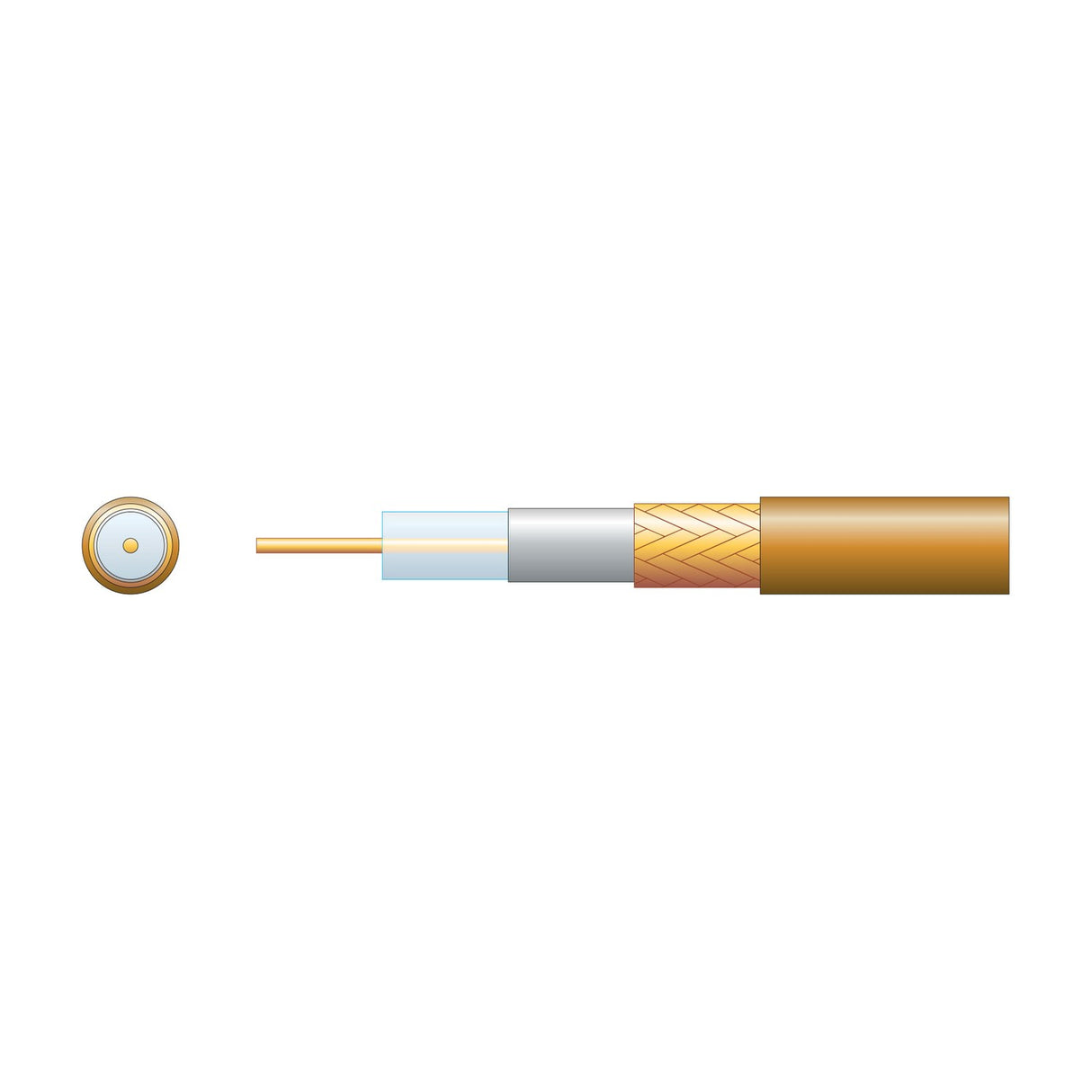 Mercury RG6 brown coaxial aerial cable cutaway showing copper conductor, air-spaced dielectric, foil screen, braid and PVC sheath with end view.