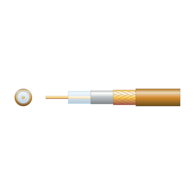 Mercury RG6 brown coaxial aerial cable cutaway showing copper conductor, air-spaced dielectric, foil screen, braid and PVC sheath with end view.