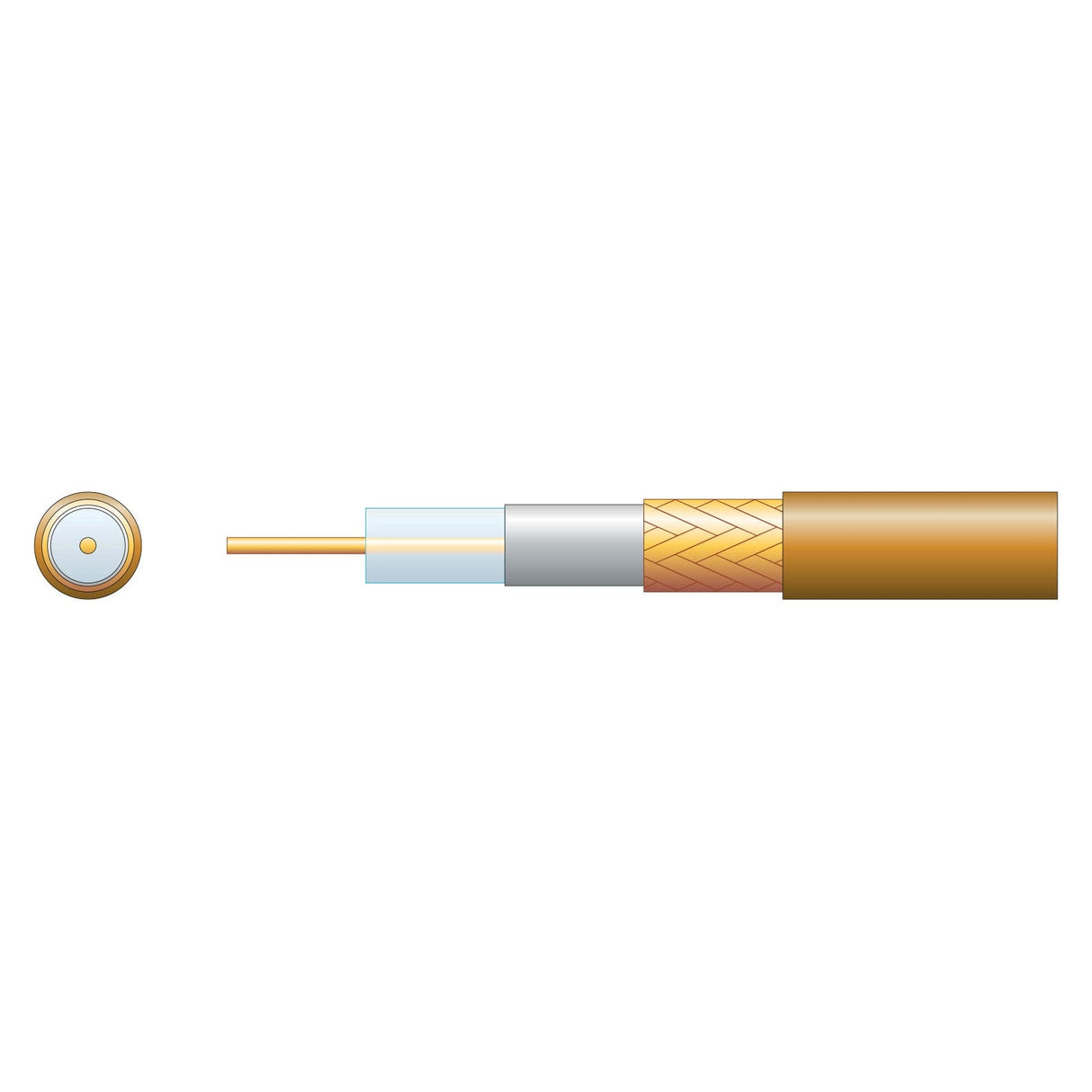 The diagram of the Mercury Eco RG6 Air Spaced PE Coaxial Cable with CCA Braid, Brown (100m) showcases its cross-section, perfectly suited for transmitting a 75 Ohms digital TV signal. The image displays the central conductor, insulating layer, metal shield, and outer protective jacket from left to right, each component color-coded for distinction.