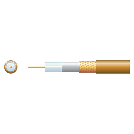 The diagram of the Mercury Eco RG6 Air Spaced PE Coaxial Cable with CCA Braid, Brown (100m) showcases its cross-section, perfectly suited for transmitting a 75 Ohms digital TV signal. The image displays the central conductor, insulating layer, metal shield, and outer protective jacket from left to right, each component color-coded for distinction.