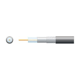 Mercury Eco RG6 coaxial cable cutaway showing copper conductor, air-spaced PE dielectric, foil, aluminium braid and black PVC sheath with end view.