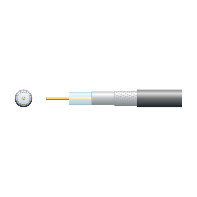 Mercury Eco RG6 coaxial cable cutaway showing copper conductor, air-spaced PE dielectric, foil, aluminium braid and black PVC sheath with end view.