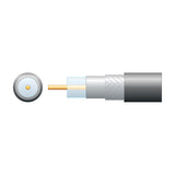 Cutaway diagram of Mercury Eco RG6 coaxial cable showing copper conductor, air-spaced PE dielectric, foil, aluminium braid and black PVC sheath.