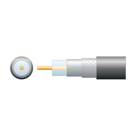 Cutaway diagram of Mercury Eco RG6 coaxial cable showing copper conductor, air-spaced PE dielectric, foil, aluminium braid and black PVC sheath.