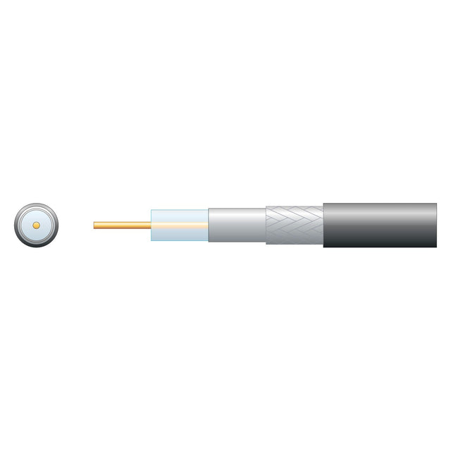 Cross-sectional diagram of the Mercury Eco RG6 Air Spaced PE Coaxial Cable with Aluminum Braid, Black (100m). From left to right: a central copper conductor designed for satellite signal transmission, a white insulating layer, an aluminum braid metallic shield, and an outer black protective jacket. The entire assembly is displayed against a white background.