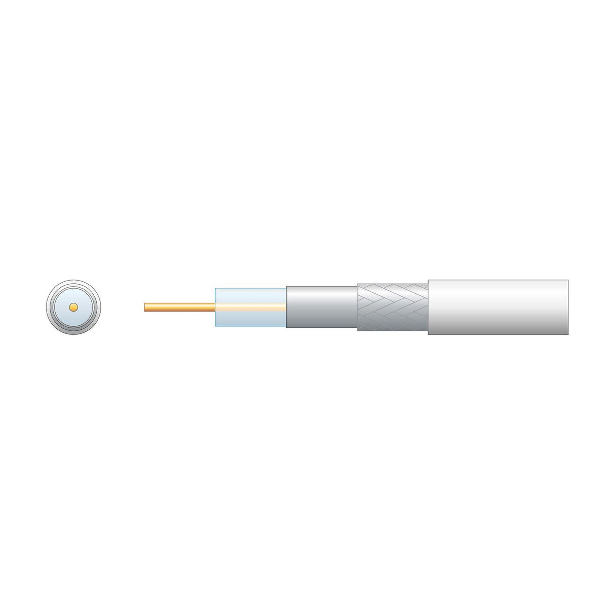 Mercury RG6 100m coaxial aerial cable by AVSL shown in cutaway with copper conductor, foil screen, aluminium braid and white PVC sheath.