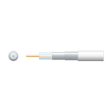 Mercury RG6 100m coaxial aerial cable by AVSL shown in cutaway with copper conductor, foil screen, aluminium braid and white PVC sheath.