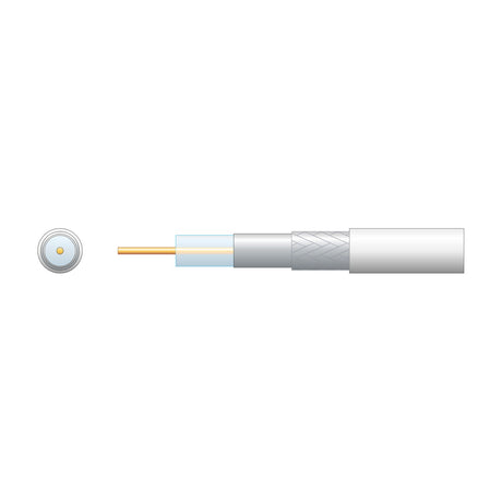 Mercury RG6 100m coaxial aerial cable by AVSL shown in cutaway with copper conductor, foil screen, aluminium braid and white PVC sheath.