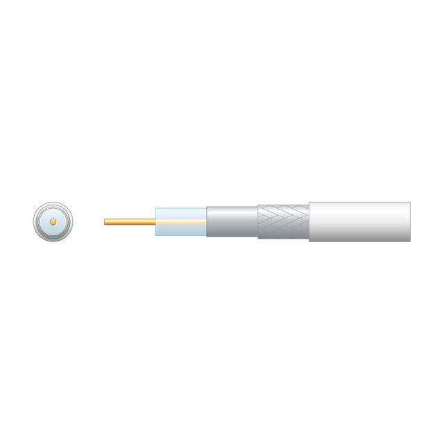 Mercury RG6 100m coaxial aerial cable by AVSL shown in cutaway with copper conductor, foil screen, aluminium braid and white PVC sheath.