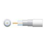 Cutaway diagram of the AVSL Mercury RG6 white coaxial aerial cable showing copper conductor, PE dielectric, foil screen, aluminium braid and outer sheath.