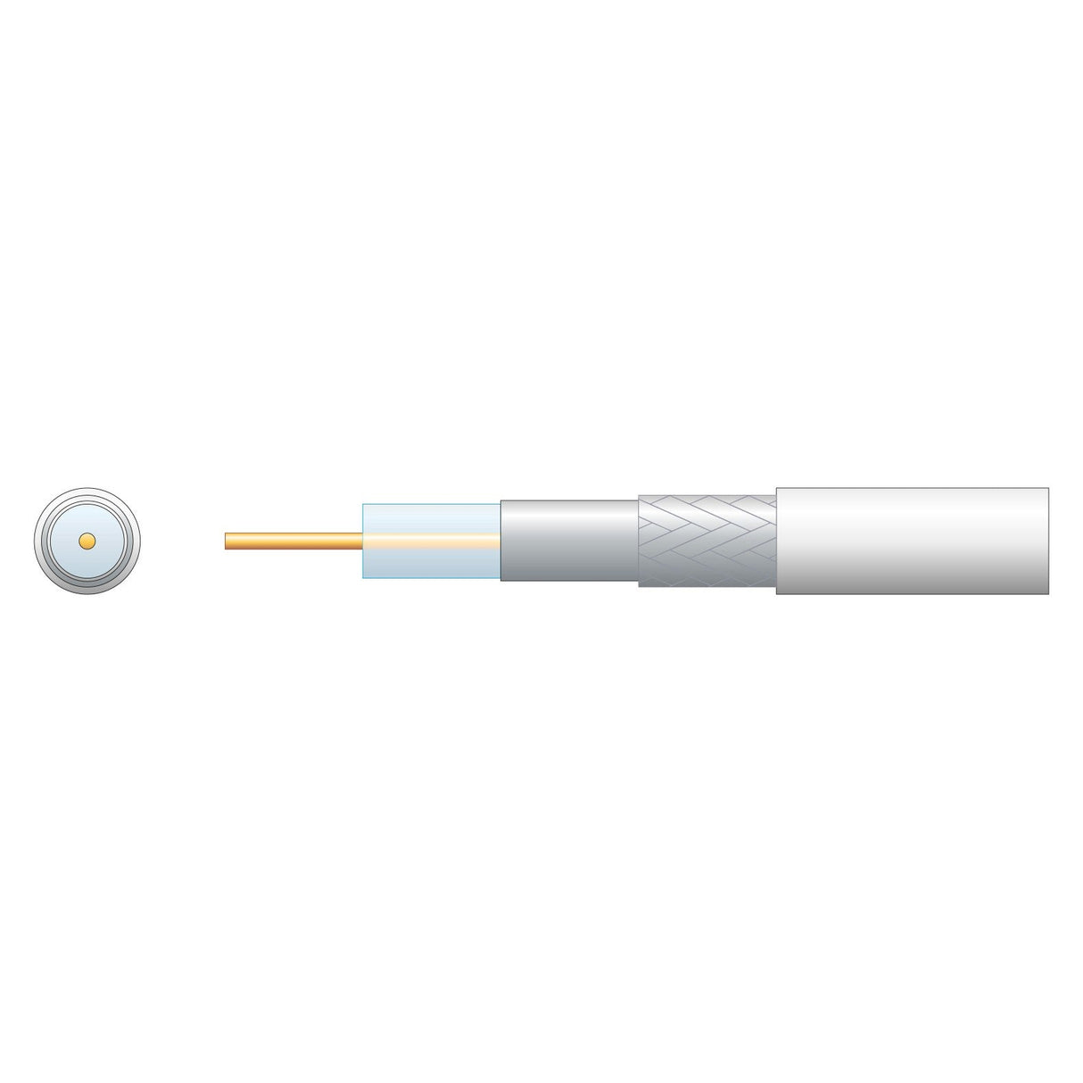 Diagram illustrating a cross-section of the Mercury Eco RG6 Air Spaced PE Coaxial Cable with Aluminum Braid, White (100m). From left to right: the circular front view of the cable, central copper conductor, dielectric insulator, aluminum braid shield, and outer protective sheath—all essential for reliable digital signal transmission depicted in grayscale.