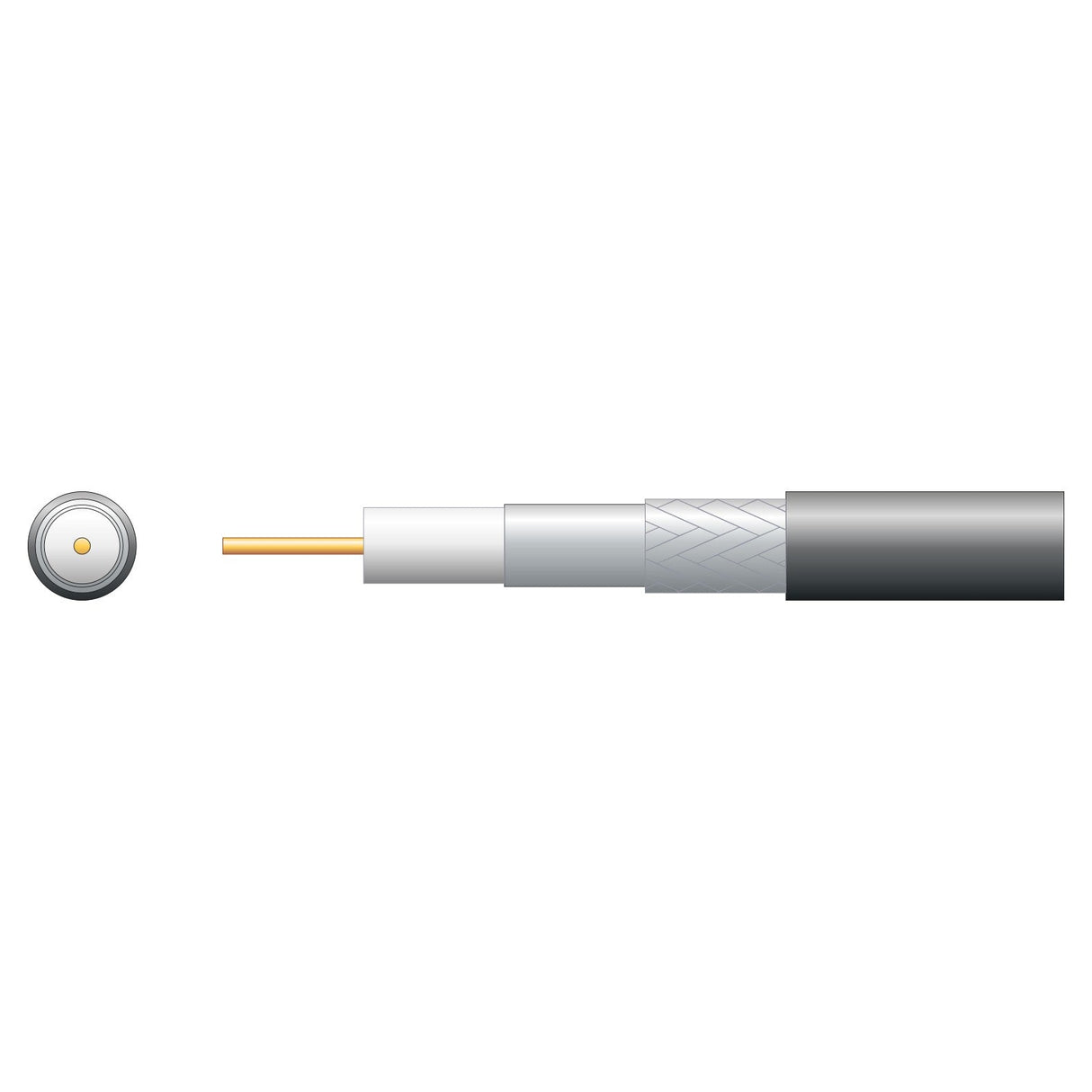 This illustration shows a cross-section of the Mercury Eco RG6 Foamed PE Coaxial Cable With Aluminum Braid, Black (100m), highlighting its design for optimal digital TV signal transmission. From the center outward, it features a copper core, an insulating layer, an aluminum metallic shield, and a protective outer jacket, underscoring its effectiveness as a satellite cable.