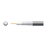 Mercury RG6 foamed coaxial aerial cable cutaway showing copper conductor, foam dielectric, foil screen, aluminium braid and black PVC sheath.
