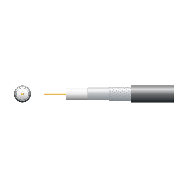 Mercury RG6 foamed coaxial aerial cable cutaway showing copper conductor, foam dielectric, foil screen, aluminium braid and black PVC sheath.