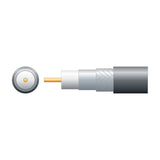 Cutaway diagram of Mercury RG6 foamed coaxial aerial cable showing copper conductor, white dielectric, foil, aluminium braid shielding and black PVC sheath.