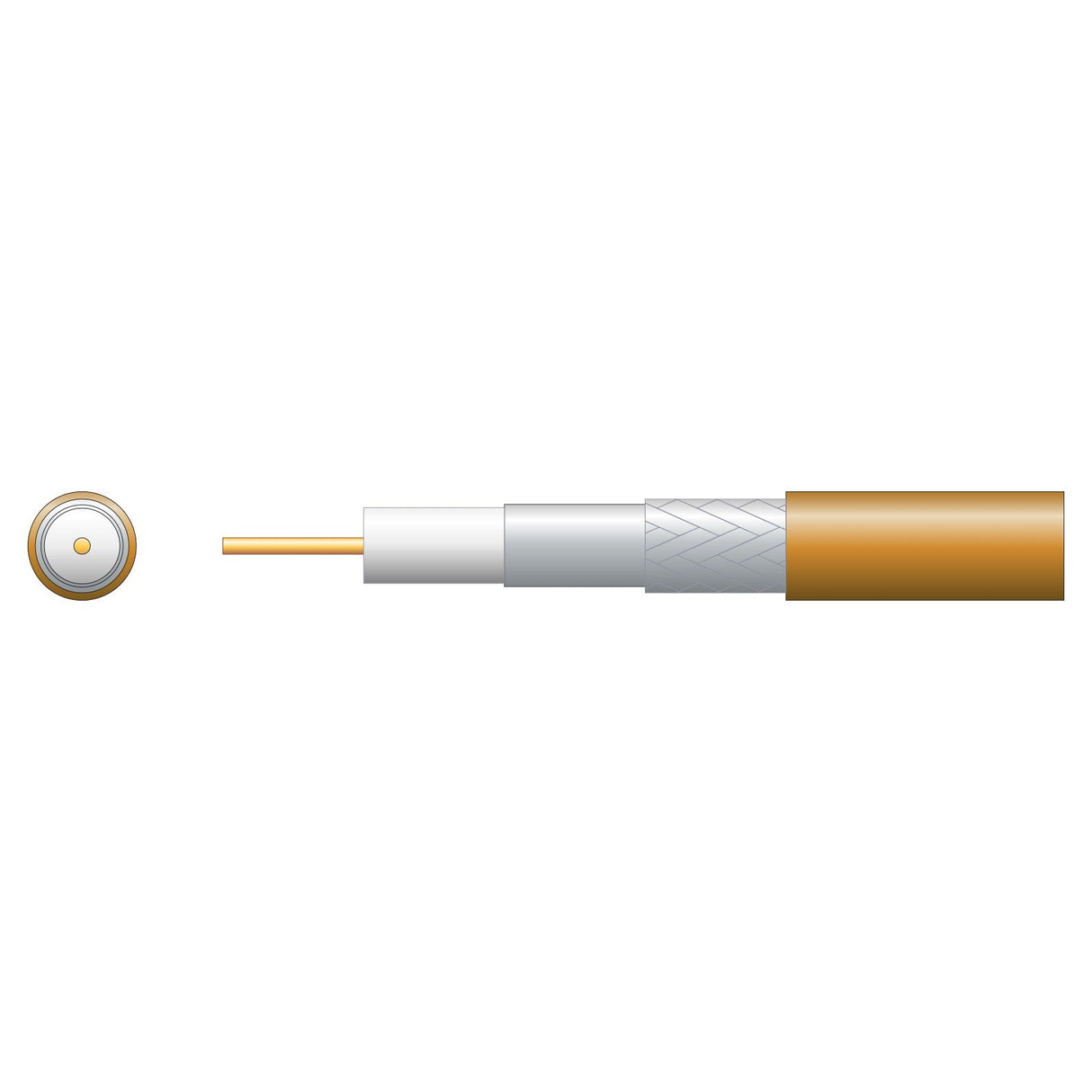 Illustration of the Mercury Eco RG6 Foamed PE coaxial cable with an aluminum braid, showing its cross-section features: a central copper conductor wrapped in a foamed polyethylene dielectric insulator, encapsulated by a metallic shield, with an outer protective brown jacket, making it suitable for digital TV transmission.