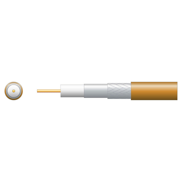 Illustration of the Mercury Eco RG6 Foamed PE coaxial cable with an aluminum braid, showing its cross-section features: a central copper conductor wrapped in a foamed polyethylene dielectric insulator, encapsulated by a metallic shield, with an outer protective brown jacket, making it suitable for digital TV transmission.