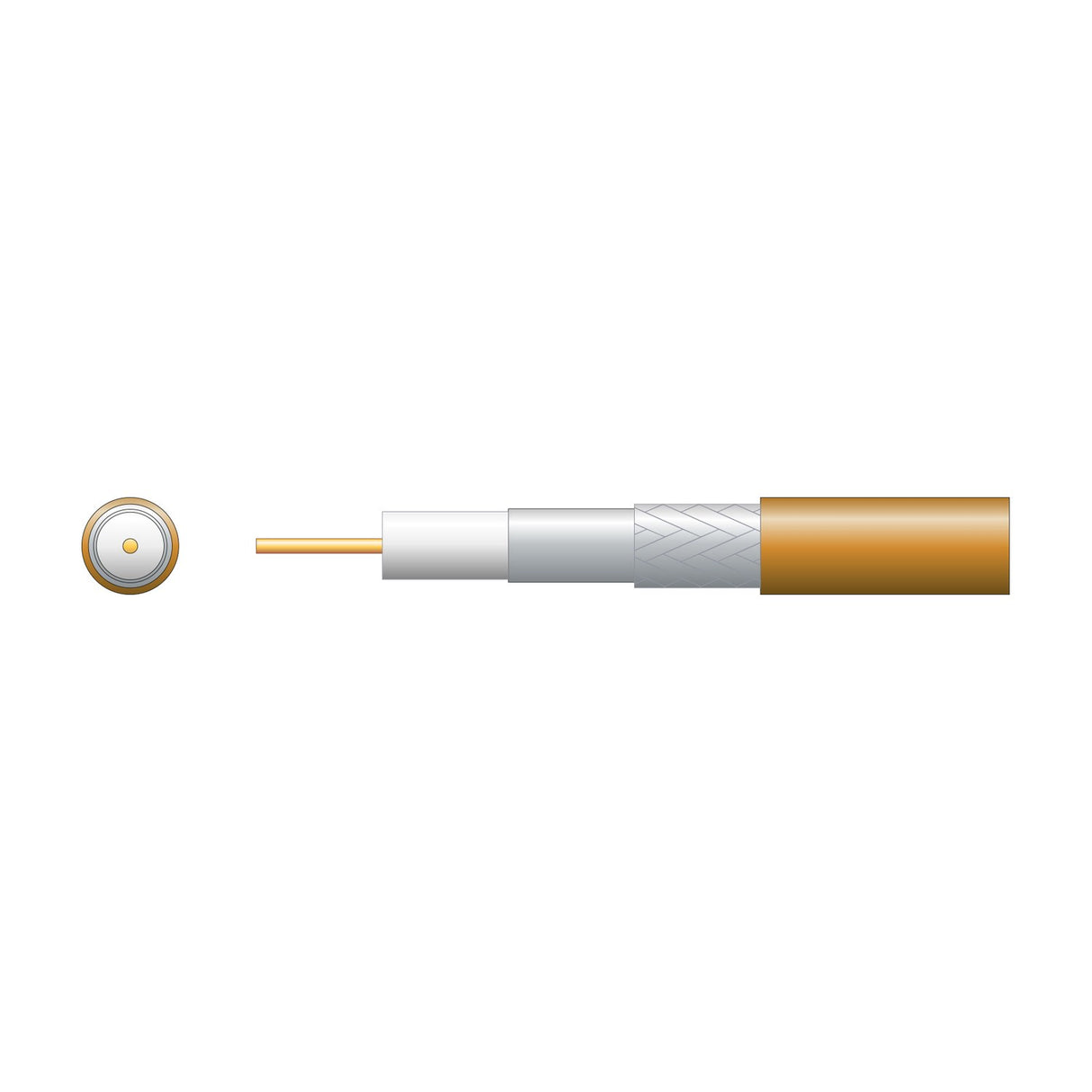 Mercury RG6 foamed PE coaxial aerial cable cutaway showing copper conductor, white dielectric, foil and braid screen, and brown PVC sheath.