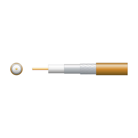 Mercury RG6 foamed PE coaxial aerial cable cutaway showing copper conductor, white dielectric, foil and braid screen, and brown PVC sheath.