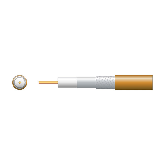 Mercury RG6 foamed PE coaxial aerial cable cutaway showing copper conductor, white dielectric, foil and braid screen, and brown PVC sheath.