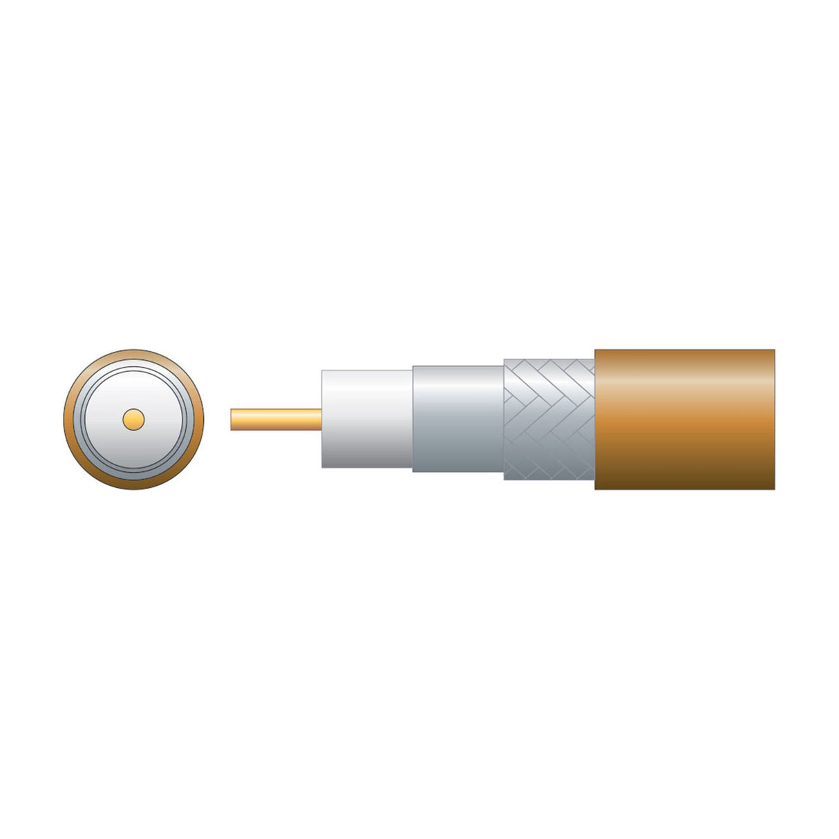 Cutaway diagram of Mercury RG6 foamed PE coaxial aerial cable showing copper conductor, white dielectric, foil and braid screen, and brown PVC sheath.