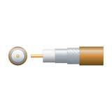 Cutaway diagram of Mercury RG6 foamed PE coaxial aerial cable showing copper conductor, white dielectric, foil and braid screen, and brown PVC sheath.