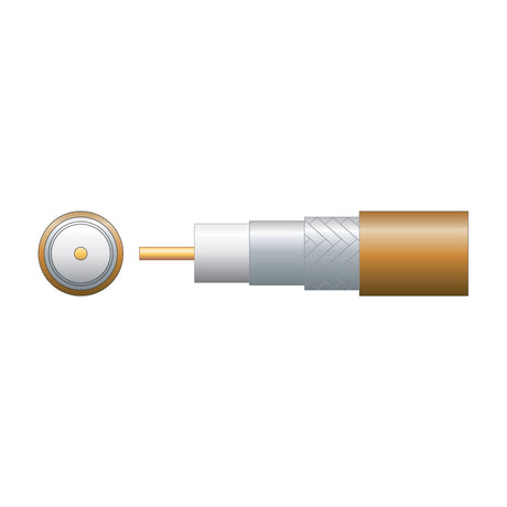 Cutaway diagram of Mercury RG6 foamed PE coaxial aerial cable showing copper conductor, white dielectric, foil and braid screen, and brown PVC sheath.