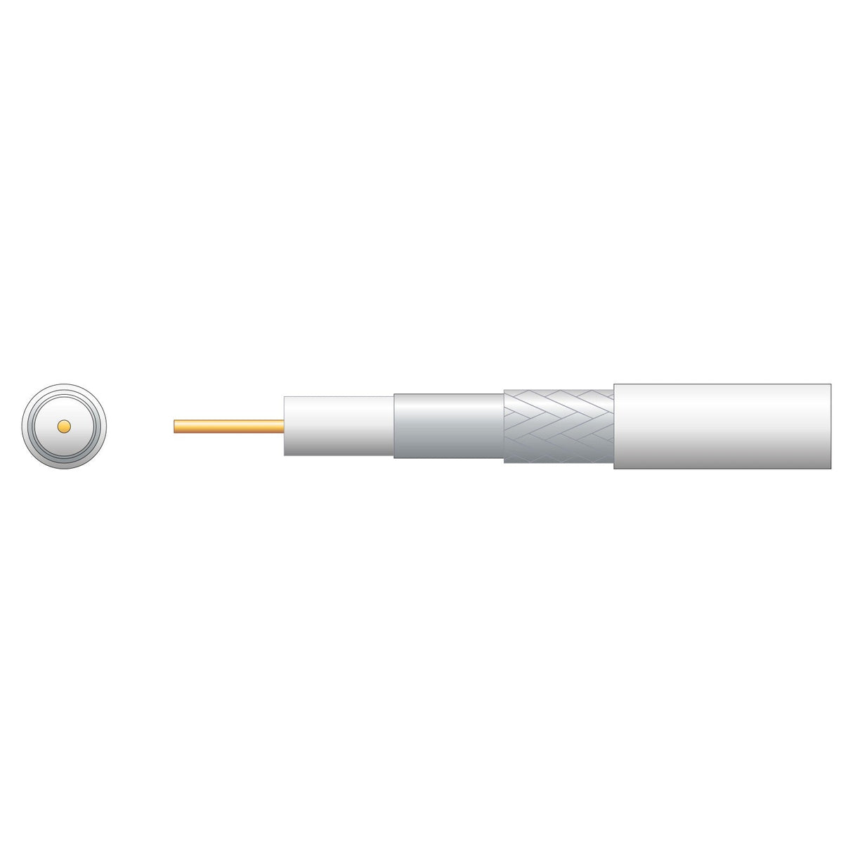 Illustration of the Mercury Eco RG6 Foamed PE Coaxial Cable with Aluminum Braid, White (100m), featuring a cross-section view, ideal for satellite TV cable systems. The design highlights distinct layers including the central copper conductor, insulator, metallic shield, and outer plastic sheath. Details of each layer are displayed to the right of the main cable illustration.