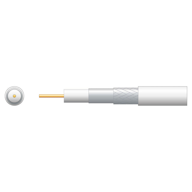 Illustration of the Mercury Eco RG6 Foamed PE Coaxial Cable with Aluminum Braid, White (100m), featuring a cross-section view, ideal for satellite TV cable systems. The design highlights distinct layers including the central copper conductor, insulator, metallic shield, and outer plastic sheath. Details of each layer are displayed to the right of the main cable illustration.