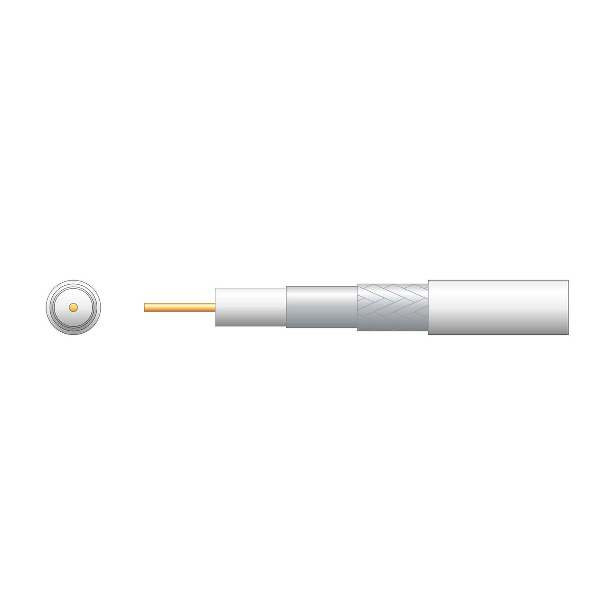 Mercury RG6 foamed white coaxial cable by AVSL shown in cutaway view revealing copper conductor, foam dielectric, foil, aluminium braid and PVC sheath.