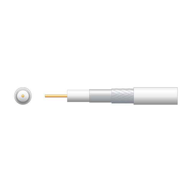 Mercury RG6 foamed white coaxial cable by AVSL shown in cutaway view revealing copper conductor, foam dielectric, foil, aluminium braid and PVC sheath.