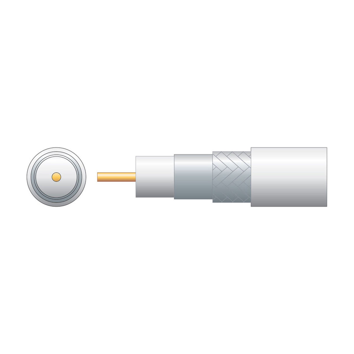 Cutaway diagram of Mercury RG6 white coaxial cable by AVSL showing copper conductor, foam dielectric, foil screen, braid, and PVC sheath layers.