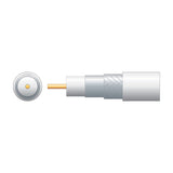 Cutaway diagram of Mercury RG6 white coaxial cable by AVSL showing copper conductor, foam dielectric, foil screen, braid, and PVC sheath layers.