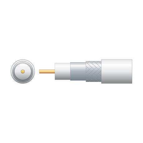 Cutaway diagram of Mercury RG6 white coaxial cable by AVSL showing copper conductor, foam dielectric, foil screen, braid, and PVC sheath layers.
