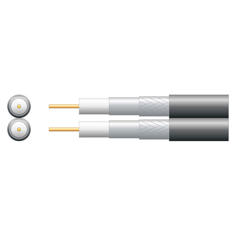 Illustration depicting two Mercury Eco Twin RG6 foamed PE coaxial cables with aluminum braid side by side, highlighting their cross-section. Each cable includes a central solid copper clad steel conductor, encased by insulation, shielding, and an outer black casing. A smaller circle presents the end view of the cables, perfect for satellite dish installation.