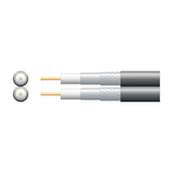 Mercury RG6 twin aluminium coaxial cable diagram showing parallel cores with copper conductors, foam dielectric, foil, braid, and black PVC jacket.