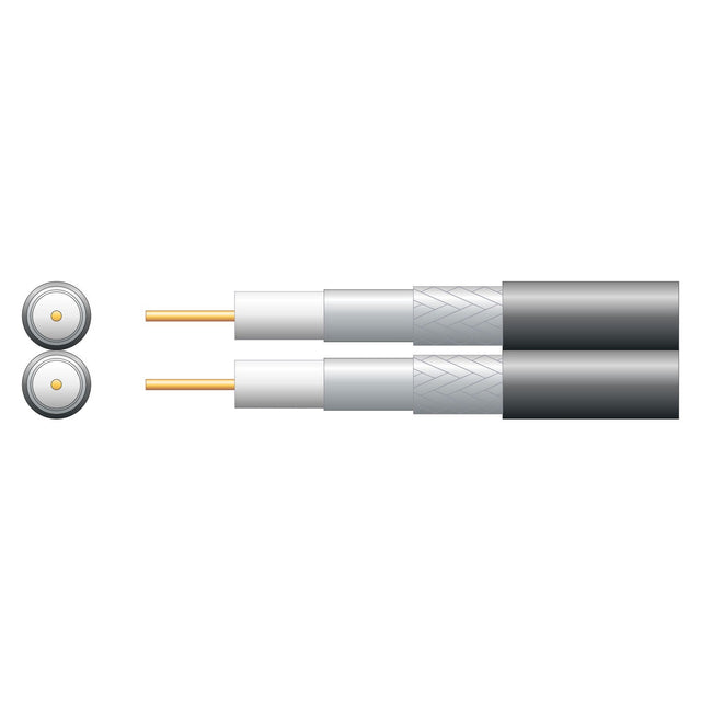 Illustration of the Mercury Eco Twin RG6 Coaxial Cables, highlighting their cross-sectional views. Each cable includes a central solid copper clad steel conductor, white foamed PE insulation, aluminum braid metal shielding, and a black outer jacket. The circular ends emphasize the layered structure that makes it ideal for satellite dish installation.