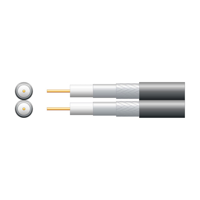 Mercury Eco twin RG6 coaxial cable cutaway showing two parallel conductors with copper cores, foam dielectric, foil, braid, and black PVC sheath.