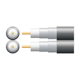 Cross-section and side view of Mercury Eco Twin RG6 coaxial cable showing twin copper cores, foam dielectric, foil screen, braided shield and black PVC sheath.