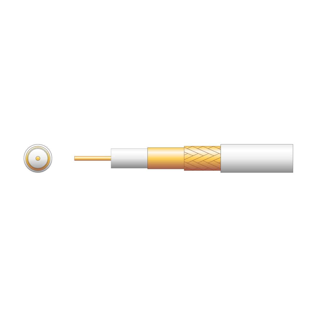Cutaway diagram of Mercury coaxial aerial cable by AVSL showing white PVC sheath, CCA braid, copper foil screen, foam PE dielectric and copper conductor.