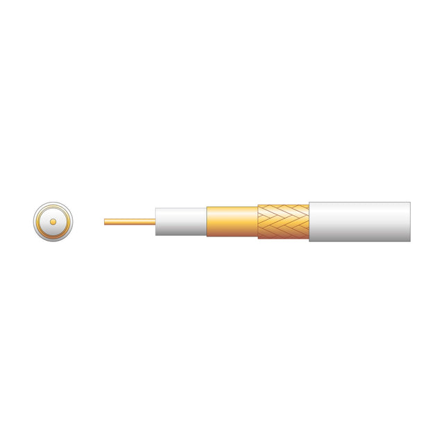 Cutaway diagram of Mercury coaxial aerial cable by AVSL showing white PVC sheath, CCA braid, copper foil screen, foam PE dielectric and copper conductor.